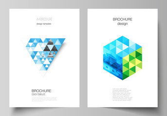 The vector layout of A4 format modern cover mockups design templates for brochure, magazine, flyer, booklet, annual report. Blue color polygonal background with triangles, colorful mosaic pattern.