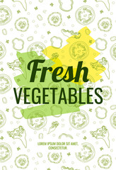 Restaurant menu, flyer, brochure design template with vegetable pattern. Vector illustrations. Natural food, fresh vegetables concept.
