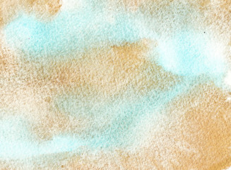 Hand drawn Watercolor gold Turquoise Background. Watercolor Wash. Artistic paper texture torn splatter illustration with strokes and stains. Design greeting card, wedding invitation, template, cover