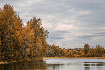 Beautiful autumn landscape on the lake in cloudy weather.