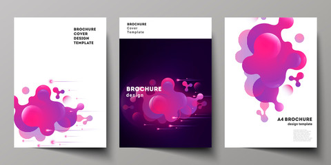 The vector layout of A4 format modern cover mockups design templates for brochure, magazine, flyer, booklet, annual report. Black background with fluid gradient, liquid pink colored geometric element.