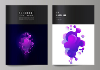 The vector layout of A4 format modern cover mockups design templates for brochure, magazine, flyer, booklet, annual report. Black background with fluid gradient, liquid blue colored geometric element.