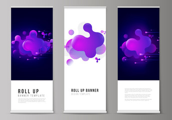 The vector illustration of the editable layout of roll up banner stands, vertical flyers, flags design business templates. Black background with fluid gradient, liquid blue colored geometric element.