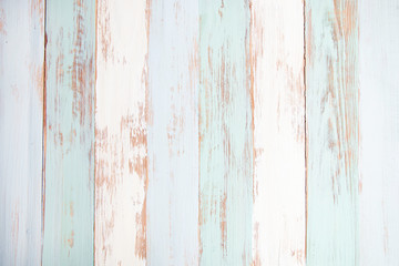 Close up of wall made of painted pastel colored wood planks, Old wooden texture background