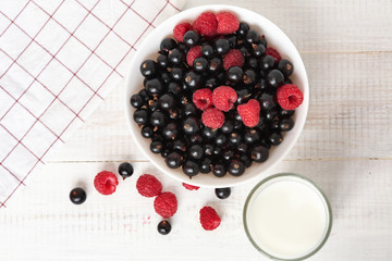 bowl with fresh berries and glass of milk