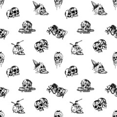 Seamless pattern with human's skulls. Fluid melts and flows. Creepy cartoon illustration for prints, t-shirts, Halloween or tattoo.