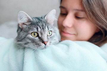 Beautiful woman at home holding and hug her lovely fluffy cat. Gray tabby cute kitten with green eyes. Friend of human. Good sunny morning.