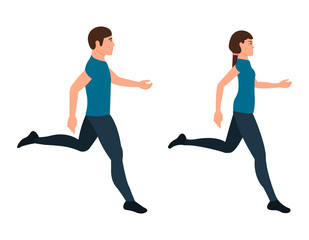 Fototapeta na wymiar Running guy and girl character in a flat style, man and woman in a hurry vector illustration on a white background