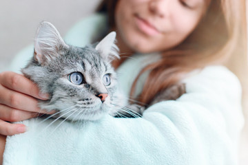 Beautiful woman at home holding and hug her lovely fluffy cat. Gray tabby cute kitten with blue eyes. Friend of human. Good sunny morning.