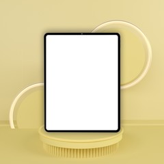 Yellow tablet mock-up background. minimal idea concept, 3D Render.