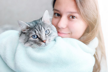 Beautiful woman at home holding and hug her lovely fluffy cat. Gray tabby cute kitten with blue eyes. Friend of human. Good sunny morning.