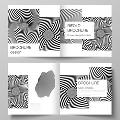 The vector layout of two covers templates for square design bifold brochure, magazine, flyer, booklet. Abstract 3D geometrical background with optical illusion black and white design pattern.