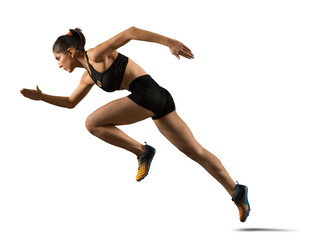 Sporty woman running. Isolated on white background