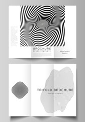 The minimal vector illustration layouts. Modern creative covers design templates for trifold brochure or flyer. Abstract 3D geometrical background with optical illusion black and white design pattern.