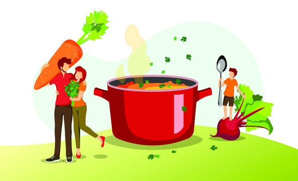 Young family, fresh vegetables and pan with soup. Healthy food, natural products, family cooking, recipes concept. Vector illustration for poster, banner, website.
