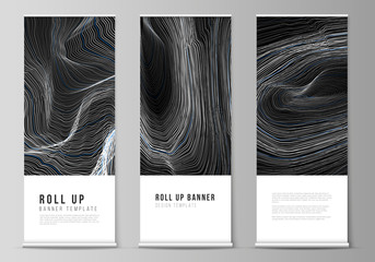 The vector illustration of the editable layout of roll up banner stands, vertical flyers, flags design business templates. Smooth smoke wave, hi-tech concept black color techno background.