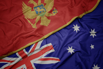 waving colorful flag of australia and national flag of montenegro.