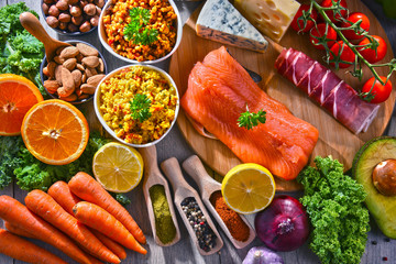 Assorted food products on kitchen table