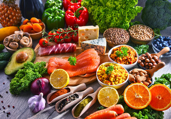 Assorted food products on kitchen table