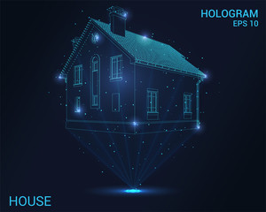 Hologram house. Holographic projection of the cottage. Flickering energy flux of particles. Scientific design architecture. - obrazy, fototapety, plakaty