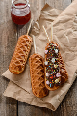 Waffle lollies with jam filling