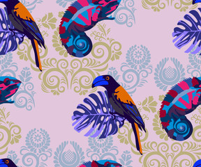 Fototapeta premium Vector chameleons and exotic birds pattern. Ethnic seamless pattern ornament. Vector pattern. 