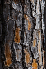 Tree bark with dried orange parts and cracks