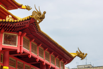 Elista, Kalmykia / Russia - 24 april 2019. The roof of the buddhist Pagoda of Seven Days. Classical buddhist architecture style with elephants heads on the corners