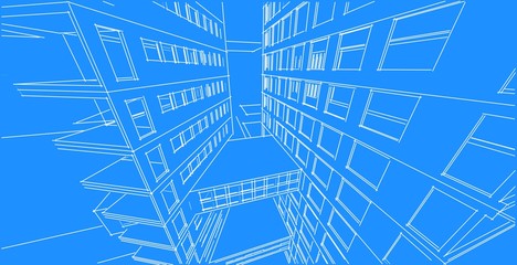 architecture background 3d illustration, sketch line geometric, architectural background