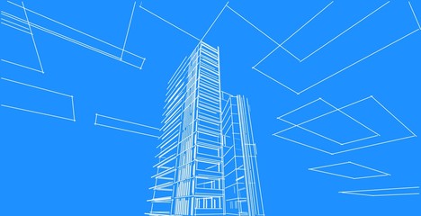 architecture background 3d illustration, sketch line geometric, architectural background