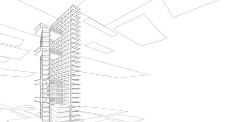 architecture background 3d illustration, sketch line geometric, architectural background