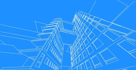 architecture background 3d illustration, sketch line geometric, architectural background