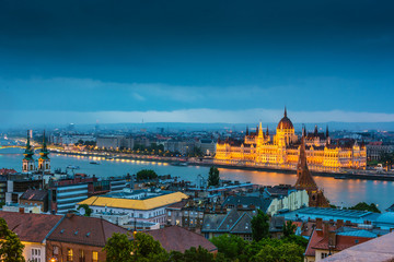Panoramic view of Budapest after sunset
