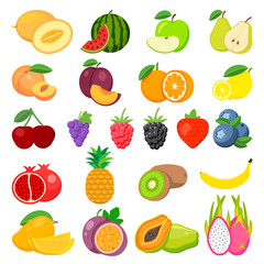 Set of fruits. Watermelon, pineapple, peach, lemon, vegetarian, orange, food, apple, pear, banana, cherry, strawberry, grapes, kiwi, mango, melon, plum, papaya isolated on background.