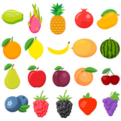 Set of fruits. Watermelon, pineapple, peach, lemon, vegetarian, orange, food, apple, pear, banana, cherry, strawberry, grapes, kiwi, mango, melon, plum, papaya isolated on background.