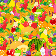 Set of fruits. Watermelon, pineapple, peach, lemon, vegetarian, orange, food, apple, pear, banana cherry strawberry grapes kiwi mango melon plum papaya isolated on background