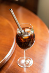 pearl milk tea on glass with stainless steel straw