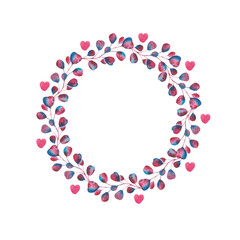  Watercolor set with violet, pink, blue leaves and hearts. Frames for Valentine's Day. Wreaths with purple leaves and hearts. Ideal for invitations and greeting cards.