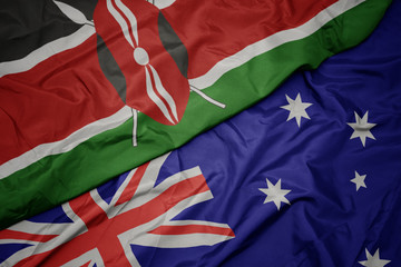 waving colorful flag of australia and national flag of kenya.