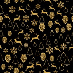 Golden New Year seamless pattern for gift wrapping or cards for the holidays. Easy style in one line, hipster style.
