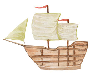 Fototapeta premium old watercolor ship with sails on a white background. raster cartoon illustration for prints, cards, magazines