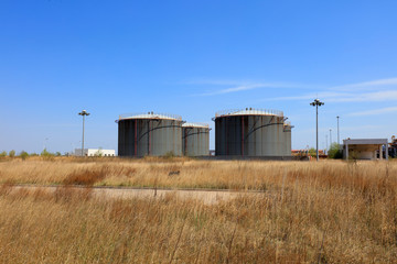 Fototapeta na wymiar Weeds and oil storage tanks under blue sky