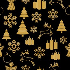Fototapeta na wymiar Golden New Year seamless pattern for gift wrapping or cards for the holidays. Easy style in one line, hipster style.