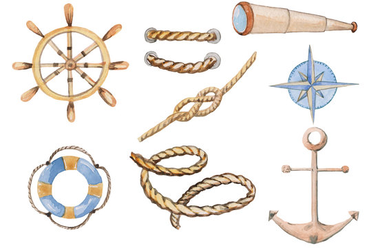 marine navigation set of different objects on a white background. watercolor illustration for the design of prints, posters, postcards, magazines and books.