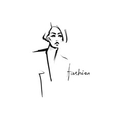 Young stylish woman. Hand-drawn portrait of beautiful girl. Fashion illustration. Sketch, vector 