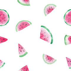 Slices of sweet fresh watermelon watercolor seamless pattern isolated on white background