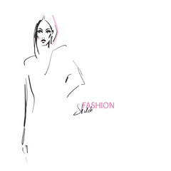 Young stylish woman, beautiful girl. Hand-drawn fashion illustration. Sketch, vector