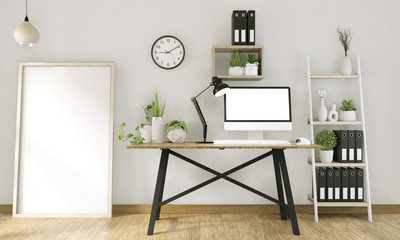 Mock up computer with blank screen  and decoration in office room mock up background.3D rendering