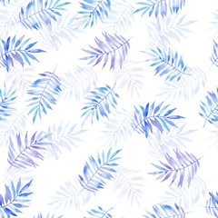 Fototapeta na wymiar Watercolor blue seamless tropical summer pattern of fern twigs background