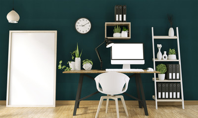 Mock up computer with blank screen  and decoration in office room mock up background.3D rendering